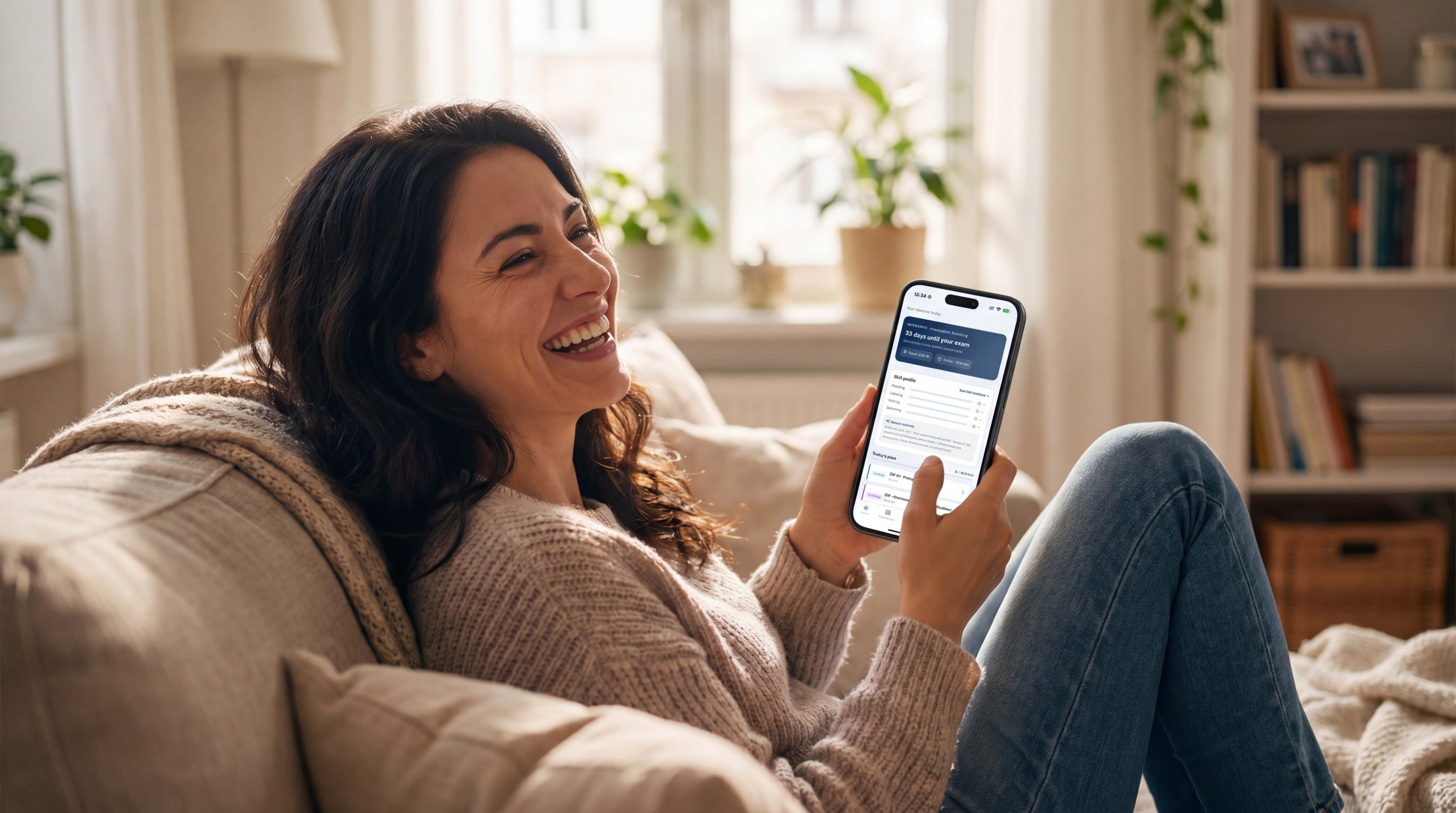 Frau auf der Couch, die mit der Prepilingo-App ihre deutsche Sprachprüfung vorbereitet